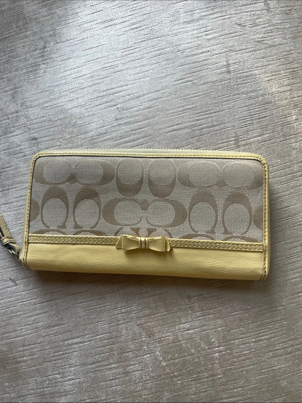 Coach Yellow Trim Signature Canvas Zip Wallet with Bow